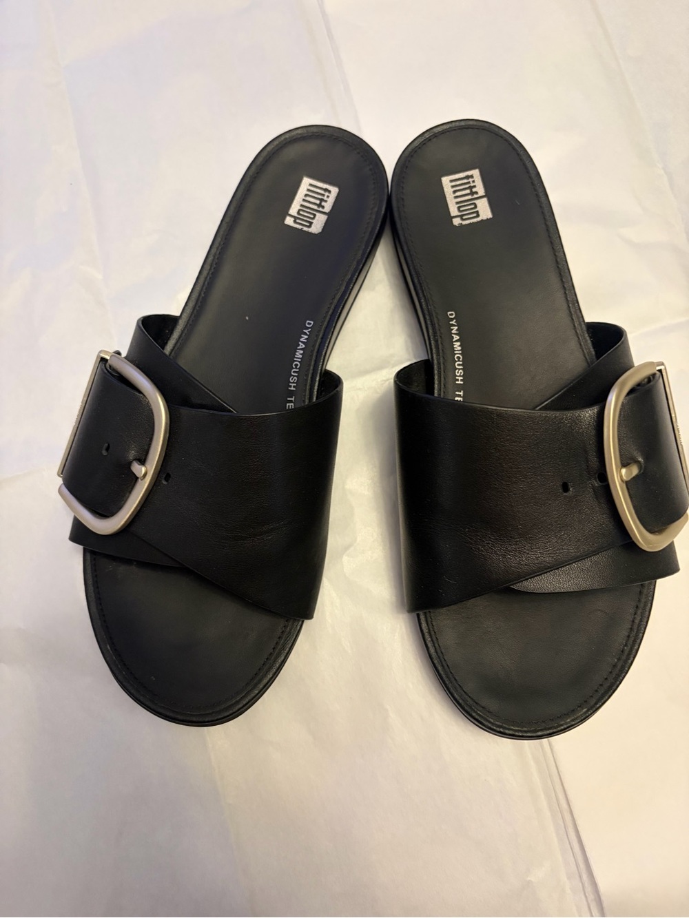 Fitflop Black Leather Slide Sandals with Gold Buckles